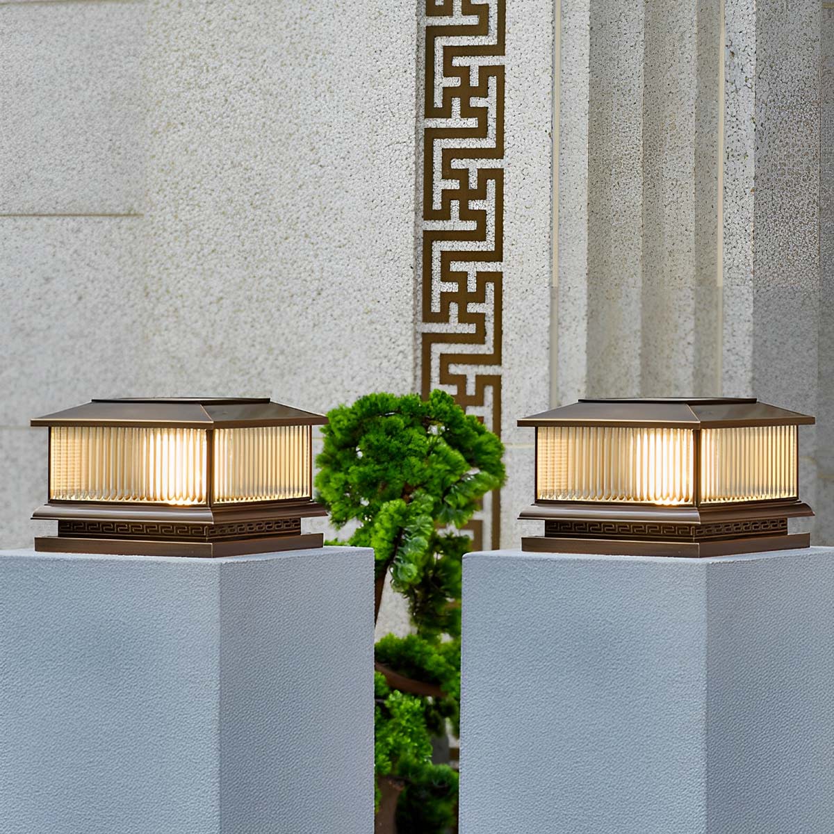 Waterproof Vintage Copper Tower Striped Glass LED Outdoor Post Lights