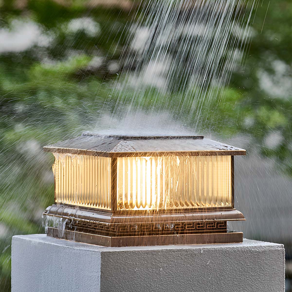 Waterproof Vintage Copper Tower Striped Glass LED Outdoor Post Lights