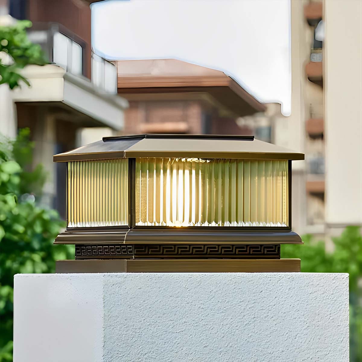 Waterproof Vintage Copper Tower Striped Glass LED Outdoor Post Lights